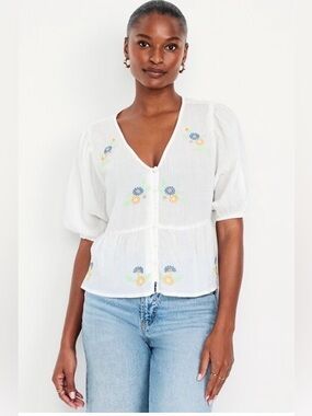 Old Navy 100% Cotton White Peasant Crinkle Gauze Button-Down Embroidered Top